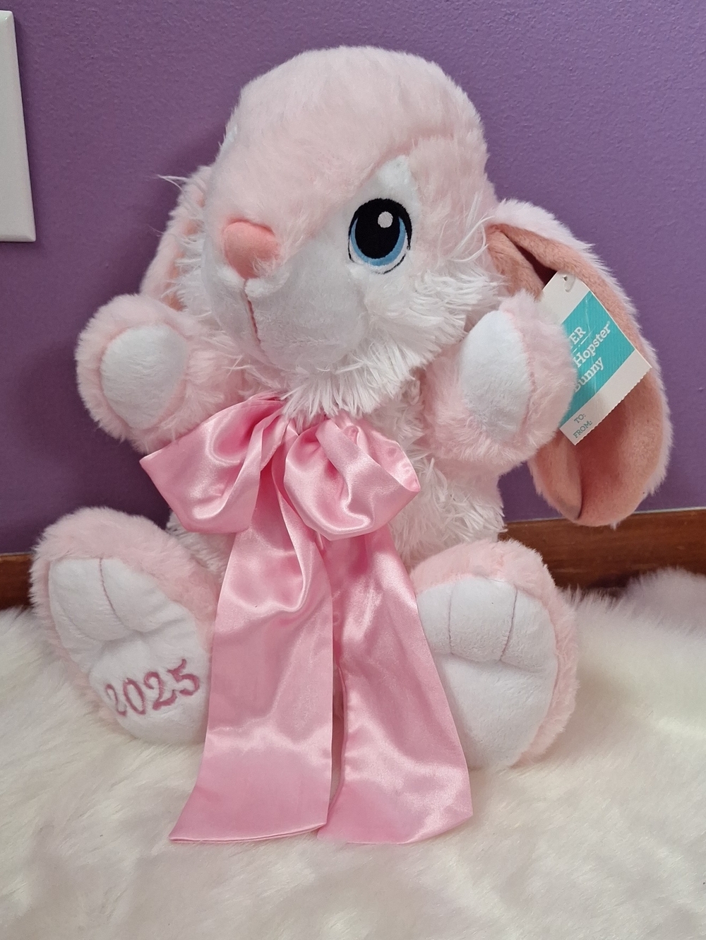Pink Plush Bunny with Satin Bow and Embroidered 2025 Paw